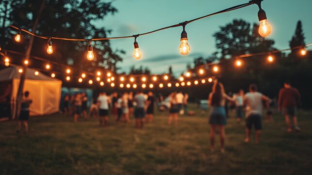 Evening outdoor party with string lights and blurry dancing people.