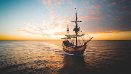 Obraz premium A large ship sails in the ocean with the sun setting in the background