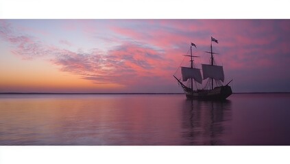 Fototapeta premium A large ship sails in the ocean at sunset