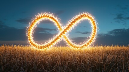 Glowing infinity symbol in field at dusk; concept art for eternity, endlessness, future