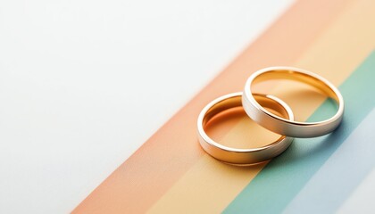Two wedding rings resting on a vibrant rainbow background, symbolizing love and unity. Ideal for celebrating diversity and commitment in relationships.