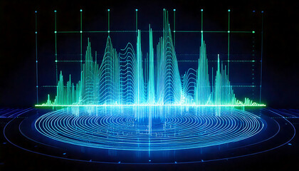 Abstract digital data visualization.  Glowing blue and green lines form dynamic graphs and circular patterns on a dark background.