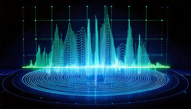 Abstract digital data visualization.  Glowing blue and green lines form dynamic graphs and circular patterns on a dark background. - Powered by Adobe