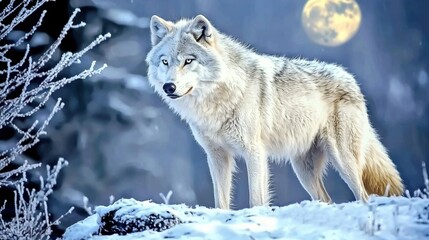 Fototapeta premium Lone wolf on snowy hill under pale moonlight at night
