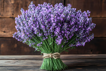Fototapeta premium A stunning lavender bouquet tied with rustic twine on a wooden background