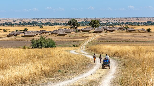 Maasai village with traditional huts and children playing in vibrant Kenyan plains