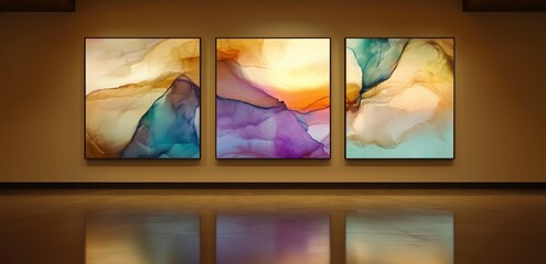 Abstract Art Triptych in Gallery: A captivating triptych of abstract art, featuring fluid, watercolor-like forms in warm and cool hues, is displayed in a modern art gallery setting.