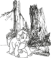 Cartoon Dinosaur Baby in Forest. Cute Dino Vector