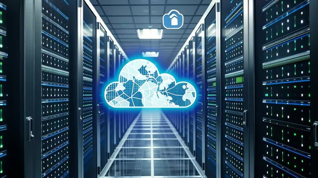 A modern data center filled with server racks and illuminated by digital elements representing cloud technology and data connections in 2023.