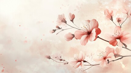 Fototapeta premium Delicate Pink Blossoms on Branch Watercolor Painting