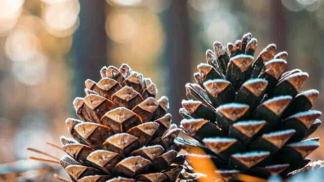 Frosty Pine Cones in a Winter Forest: A Close-Up View of Nature's Beauty