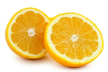 Two oranges are cut in half
