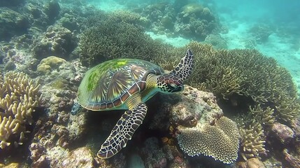 A turtle is swimming in the ocean