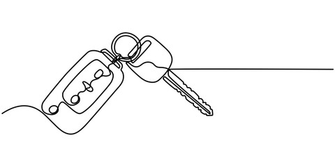 car key icon continuous one line drawing, Keys with Keychain Black Stroke Linear Icon, One continuous line drawing of house keys. Real estate and password and security concept in simple linear style. 