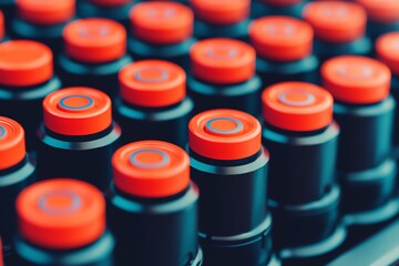 Close-up view of black and red battery packs arranged in a neat pattern.