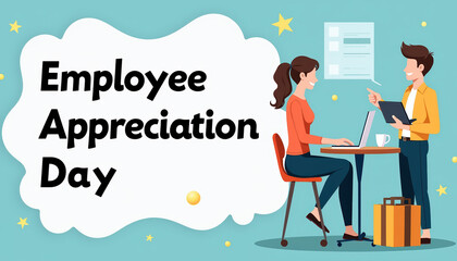Playful and colorful banner for Employee Appreciation Day featuring soft designs and a friendly atmosphere, designed to enhance employee morale and recognition.