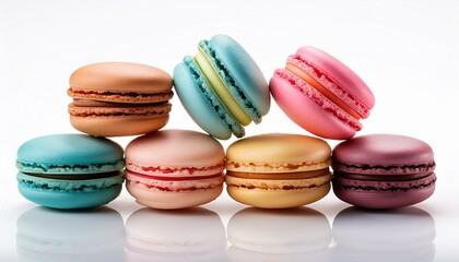 Sweet and colourful french macaroons or macaron on white background,