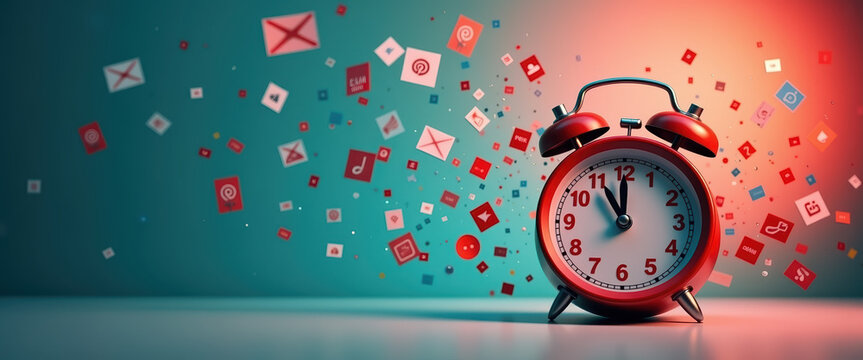 Colorful alarm clock surrounded by fragments and letters, giving a feeling of urgency and creativity exploding from the device.