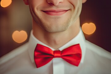 close-up of man with red bow tie and playful expression minimalist portrait of man wearing crisp white shirt and bright