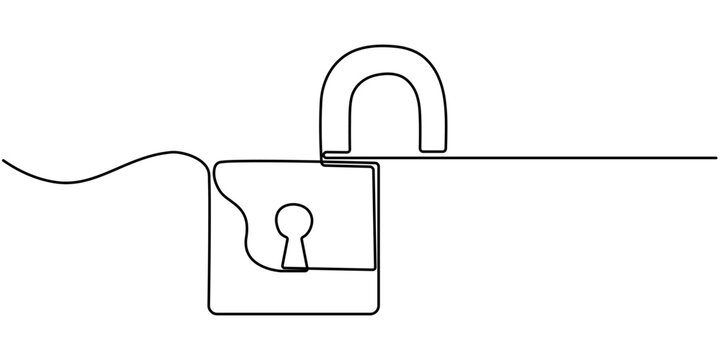 Continuous line drawing of padlock. Closed lock. One line drawing. Single line art. Vector illustration, Shield, Protection, Security Continuous Line Icon, Lock continuous one line drawing of Isolated