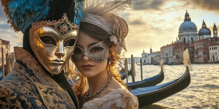 A surreal portrait of a young couple with a Venice Carnival disguise mask on her face, The setting features the canal with its gondolas and iconic Venetian architecture, copy space for text