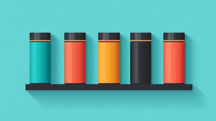 Fototapeta premium Colorful jars arranged on a shelf, ideal for kitchen or storage decor.