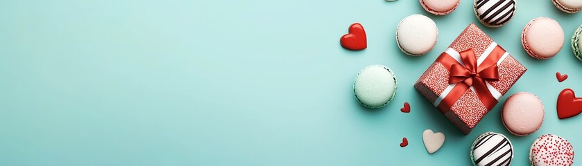 Obraz premium Colorful macarons and a gift box on a pastel background for a festive celebration.