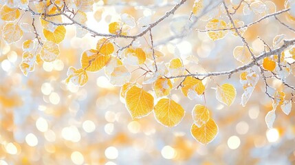 Frosty autumn leaves on branches, bokeh background, nature scene, seasonal card
