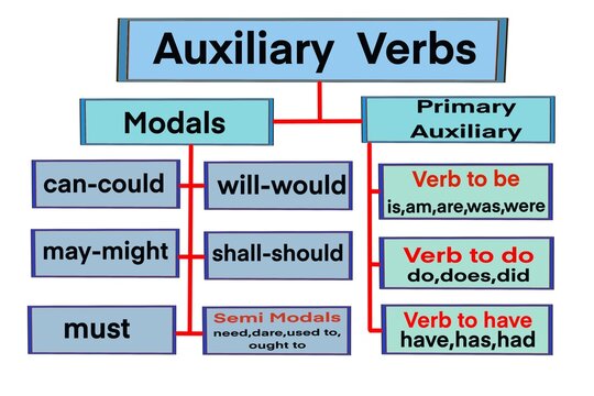 Hand drawn picture of Auxiliary Verbs diagram. Illustration for education. Concept English grammar teaching. Different types of verbs lesson. Teaching aid for teacher and students. Learning language