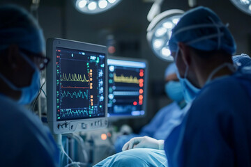Generative AI image of surgeons performing a medical operation in a high-tech surgical room with advanced medical equipment