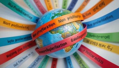 A globe surrounded by colorful ribbons reading &ldquo;Non-Proliferation&rdquo; in different languages.AI generated
