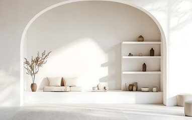Modern white wall featuring floating shelves and a soft arch, minimalist home interior with clean lines and simple decor, neutral tones