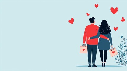 Couple in love holding shopping bags surrounded by hearts against a light background.