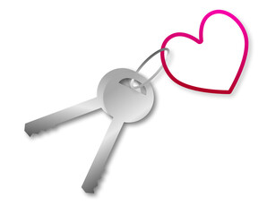 Keys with heart key chain, love, comfort, silver and pink gradient.