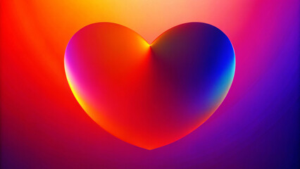 A vibrant heart shape is set against a gradient background, blending colors like red, orange, and violet. The play of light and shadow adds depth and a metallic sheen to the heart.Space for text.AI