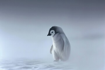 A solitary emperor penguin chick stands in a snowy landscape, surrounded by mist, evoking a sense of isolation and the harshness of its environment.