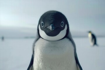 Fototapeta premium A close-up of a penguin in a snowy landscape, showcasing its distinctive black and white coloring and curious expression.