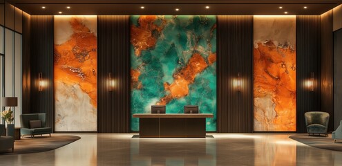 Luxury Hotel Lobby: A modern hotel lobby with a grand marble reception desk and a stunning abstract wall art installation, creating an atmosphere of elegance and sophistication. 