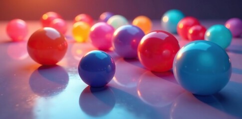 Spheres of different colors on a glossy surface with shadows, glossy, colorful hue