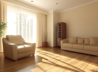 Fototapeta premium Neutral-toned minimalist living room with a balanced beige and brown palette, including a comfortable sofa, an armchair, and a modest cabinet on a wooden floor