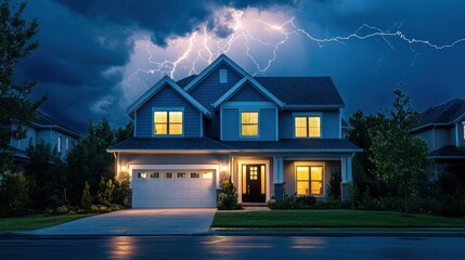 House in a Lightning Storm at Night