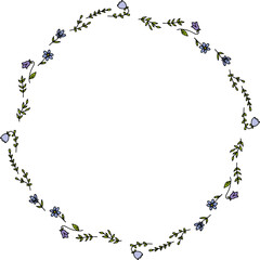 Round frame with doodle blue and violet flowers and green branches on white background.eps