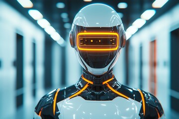 Futuristic robot with neon lights in a modern corridor, representing advanced technology.
