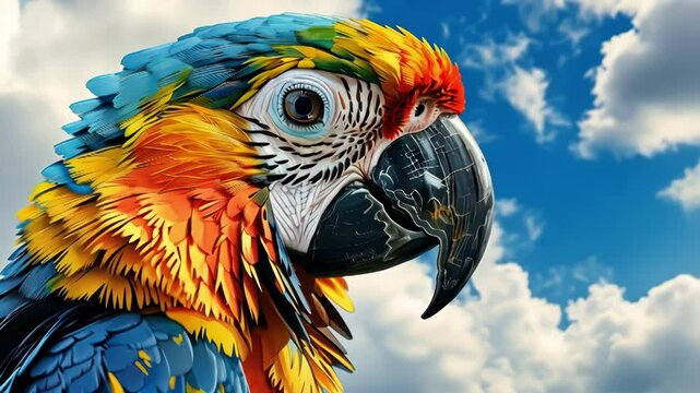 Colorful parrot against a vibrant sky, showcasing details in feathers and curious expression, highlighting nature's beauty