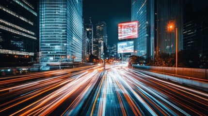 Obraz premium City Night Traffic Light Trails and Skyscrapers
