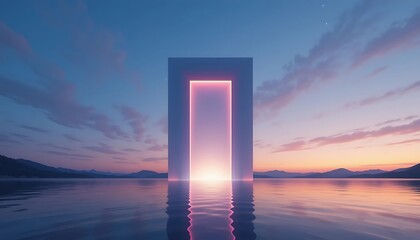 Glowing Portal Stands in Serene Sunset Waterscape