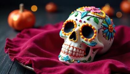 intricately designed sugar skull on a velvet cloth, sweet treats, sugar craft, festive decor