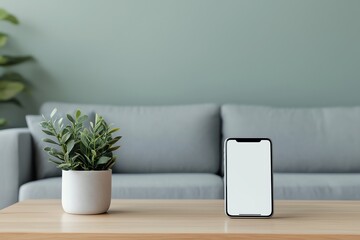 Minimalist living room with smartphone and plant on wooden table against green wall.