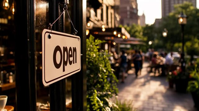 A sign with the word "Open" on the door of a cafe. View of the street where there are people walking