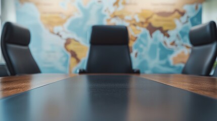 Modern conference room with a world map mural and empty black chairs, ready for meetings.